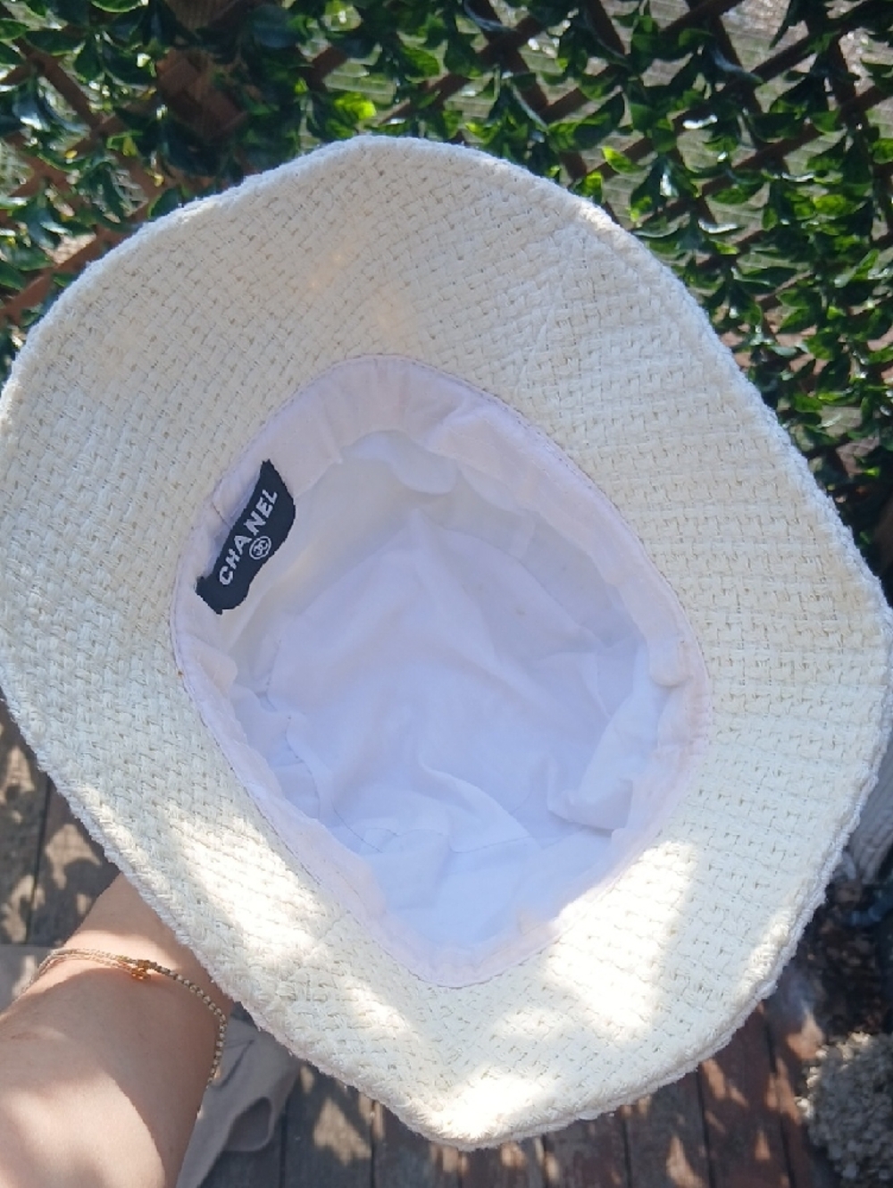 CHANEL White Tweed Bucket Hat with Black Stripe and CC Logo - Picture 3 of 3